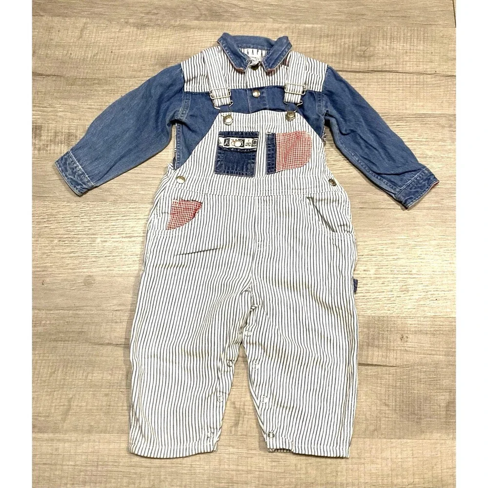 Vintage 90 Baby Gap Boys Stripe Denim Overalls & Shirt XL 18-24 Months Snaps